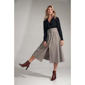 Rozkloszowana Spódnica do Połowy Łydki z Rozcięciem- Kratka. Brązowe spódnice Figl, xl, bez wzorów, z materiału. Za 269,00 zł.