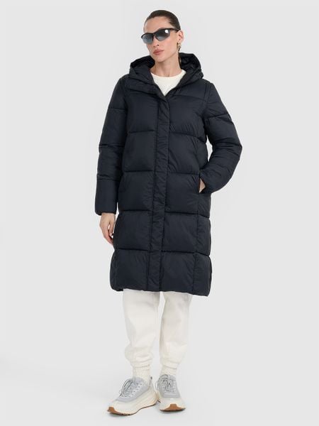 4F Płaszcz puchowy z wypełnieniem syntetycznym damski - czarny L. Czarne płaszcze 4f, na zimę, l, bez wzorów, z materiału, bez kaptura. Za 499,99 zł.