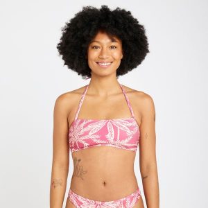 Góra kostiumu kąpielowego surfingowego damska Olaian Laura Palmer. Czerwone bikini OLAIAN, bez wzorów, z elastanu. W wyprzedaży za 19,99 zł.