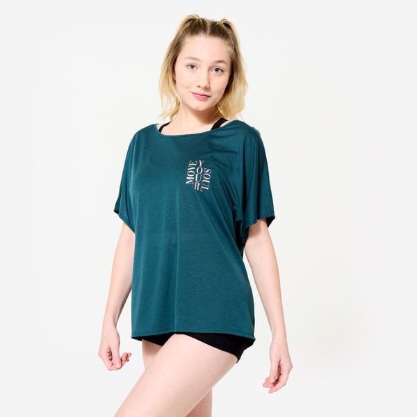 Koszulka z krótkim rękawem do tańca nowoczesnego damska Starever. Niebieskie bluzki DOMYOS, m, bez wzorów, z lyocellu, eleganckie, bez kołnierzyka, bez ramiączek. W wyprzedaży za 39,99 zł.