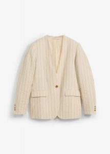 Żakiet bez kołnierzyka, z czystego lnu. Brązowe marynarki i żakiety bonprix, bez wzorów, eleganckie. Za 129,99 zł.