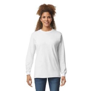 Ultra Bawełniana Koszulka Z Długim Rękawem Unisex Dla Dorosłych. Białe bluzki GILDAN, xl, bez wzorów, z bawełny, sportowe, bez kołnierzyka, bez ramiączek. Za 103,99 zł.