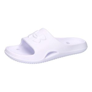 Klapki damskie Under Armour Locker V Slide white/white/white. Białe klapki Under Armour, bez wzorów, z materiału, bez obcasa. Za 128,00 zł.