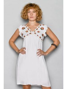 H.H.G. Sukienka w kolorze białym ze wzorem rozmiar: M. Białe sukienki H.H.G., na imprezę, m, bez wzorów, z wiskozy, bez kołnierzyka, bez ramiączek, mini. Za 48,39 zł.