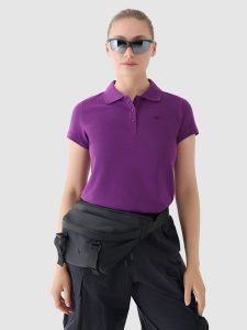 4F Koszulka polo regular damska - fioletowa XL. Fioletowe bluzki 4f, xl, bez wzorów, z bawełny, klasyczne, bez kołnierzyka, bez ramiączek. W wyprzedaży za 59,99 zł.