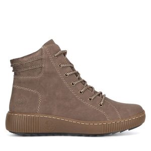 Trzewiki Rieker. Brązowe botki Rieker, bez wzorów, bez obcasa, na płaskiej podeszwie, bez zapięcia. Za 251,99 zł.