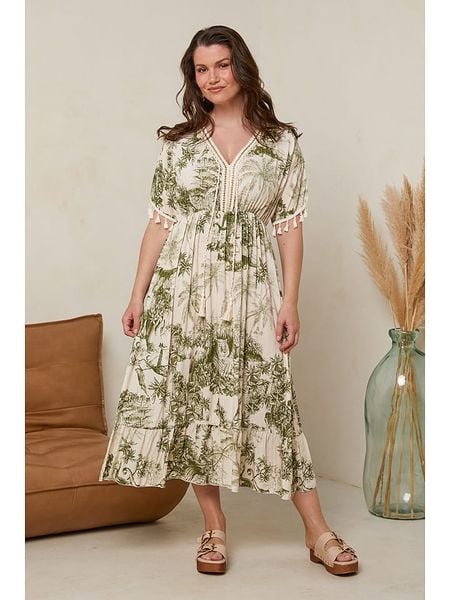 Curvy Lady Sukienka w kolorze oliwkowo-kremowym rozmiar: 44/46. Brązowe sukienki Curvy Lady, bez wzorów, z wiskozy, klasyczne, bez kołnierzyka, bez ramiączek, maxi. Za 135,17 zł.