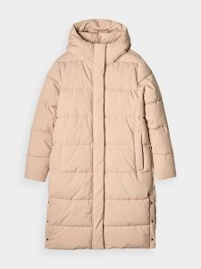 4F Długi płaszcz puchowy z syntetycznym wypełnieniem damski - beżowy L. Brązowe płaszcze 4f, na zimę, l, bez wzorów, z dzianiny, bez kaptura. W wyprzedaży za 299,99 zł.