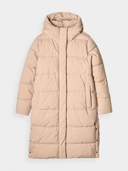 4F Długi płaszcz puchowy z syntetycznym wypełnieniem damski - beżowy S. Brązowe płaszcze 4f, na zimę, s, bez wzorów, z dzianiny, bez kaptura. W wyprzedaży za 299,99 zł.