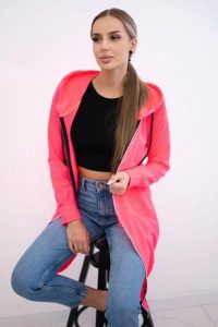 Bluza sukienkowa z kapturem różowy neon. Czerwone bluzy KESI, l, bez wzorów, z bawełny, z kapturem. Za 234,40 zł.