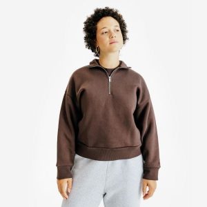 Bluza ze stójką na suwak damska Elementals. Brązowe bluzy DECATHLON, xs, bez wzorów, z bawełny, bez kaptura. Za 179,99 zł.