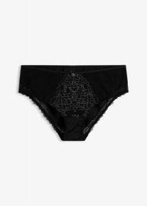 Figi maxi z delikatną koronką. Czarne figi bonprix, bez wzorów, z koronki. Za 34,99 zł.