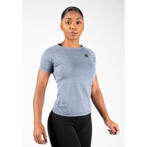 Koszulka fitness damska Gorilla Wear Aspen T-shirt. Niebieskie bluzki GORILLA WEAR, xs, bez wzorów, sportowe, bez kołnierzyka, bez ramiączek. Za 168,00 zł.