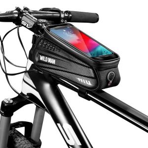 Torba na ramę rowerową z dotykowym uchwytem na telefon WILD MAN. Czarne torby podróżne i sportowe WILDMAN, bez wzorów, z materiału, duże. Za 155,04 zł.