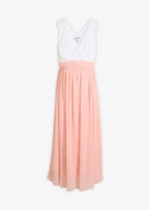 Elegancka sukienka ciążowa z funkcją karmienia. Białe sukienki bonprix, bez wzorów, eleganckie, bez kołnierzyka, moda ciążowa, bez ramiączek. Za 119,99 zł.