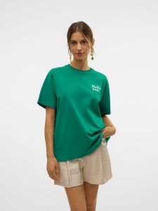 Vero Moda Koszulka "Katrine" w kolorze zielonym rozmiar: S. Zielone bluzki Vero Moda, s, bez wzorów, z bawełny, bez kołnierzyka, bez ramiączek. Za 54,95 zł.
