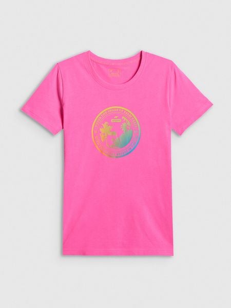 4F T-shirt regular z nadrukiem damski - różowy M. Czerwone t-shirty 4f, m, bez wzorów, z bawełny, bez kołnierzyka, bez ramiączek. Za 59,99 zł.