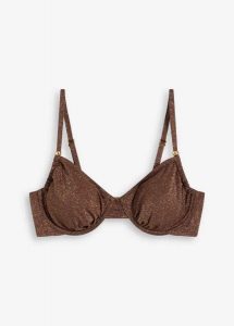 Połyskujący biustonosz bikini na fiszbinach. Brązowe bikini bonprix, bez wzorów. Za 119,99 zł.