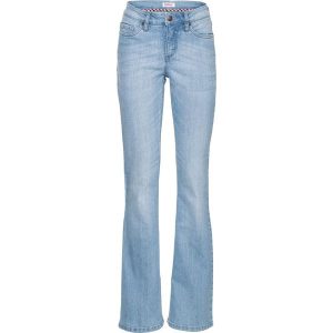 Wygodne dżinsy ze stretchem o kroju bootcut, mid waist. Niebieskie jeansy bonprix, bez wzorów, z jeansu. Za 114,99 zł.