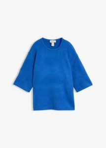Sweter oversize. Niebieskie swetry klasyczne bonprix, prążkowane, bez kołnierzyka. Za 54,99 zł.