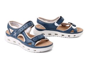 RIEKER 64066-14 blue combination, sandały damskie. Niebieskie sandały Rieker, bez wzorów, bez obcasa, bez zapięcia. Za 339,90 zł.