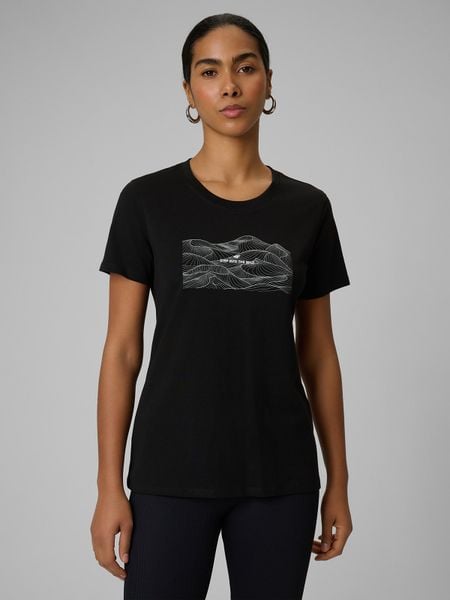 4F T-shirt regular z nadrukiem damski - czarny L. Czarne t-shirty 4f, l, bez wzorów, z bawełny, bez kołnierzyka, bez ramiączek. Za 49,99 zł.