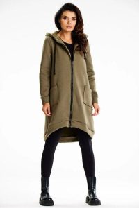 Długa bluza damska z kapturem i kieszeniami khaki. Brązowe bluzy Infinite You, l, bez wzorów, z bawełny, z kapturem. Za 299,00 zł.