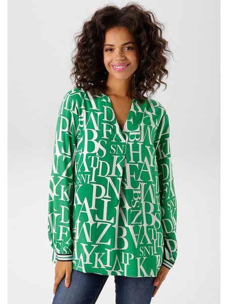 Aniston Bluzka w kolorze zielono-białym rozmiar: 44. Zielone bluzki Aniston, bez wzorów, z wiskozy, bez kołnierzyka, bez ramiączek. Za 61,46 zł.