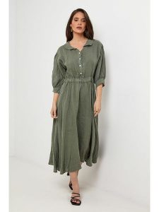 Rodier Lin Lniana sukienka w kolorze khaki rozmiar: XL/XXL. Brązowe sukienki Rodier Lin, xl, bez wzorów, ze lnu, bez kołnierzyka, bez ramiączek, maxi. Za 193,70 zł.