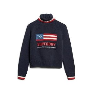 Sweter damski z golfem Superdry Americana. Niebieskie golfy Superdry, bez wzorów. Za 415,15 zł.