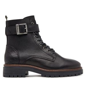 Trzewiki Barbour. Czarne botki Barbour, bez wzorów, bez obcasa, na płaskiej podeszwie, bez zapięcia. Za 579,99 zł.