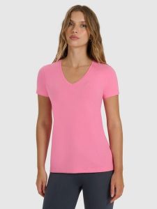 4F T-shirt slim gładki damski - różowy XXL. Czerwone t-shirty 4f, xxl, bez wzorów, z bawełny, bez kołnierzyka, bez ramiączek. Za 59,99 zł.