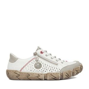 Półbuty Rieker. Białe półbuty Rieker, bez wzorów, bez obcasa, na płaskiej podeszwie, bez zapięcia. Za 369,99 zł.