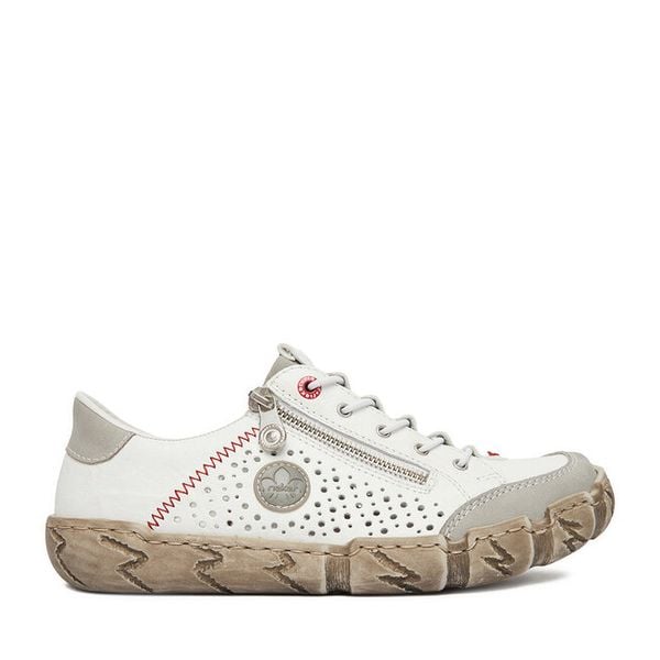 Półbuty Rieker. Białe półbuty Rieker, bez wzorów, bez obcasa, na płaskiej podeszwie, bez zapięcia. Za 369,99 zł.