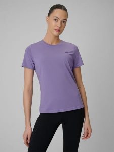 4F Koszulka treningowa regular szybkoschnąca damska - fioletowa XS. Fioletowe bluzki 4f, xs, bez wzorów, bez kołnierzyka, bez ramiączek. Za 79,99 zł.