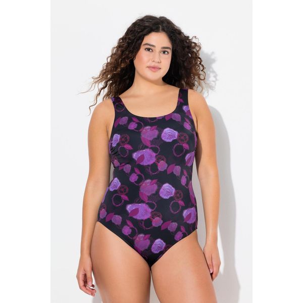 Damskie Strój kąpielowy liście bez miękkich miseczek z recyklingu. Czarne stroje jednoczęściowe Ulla Popken, bez wzorów, z elastanu. Za 199,99 zł.