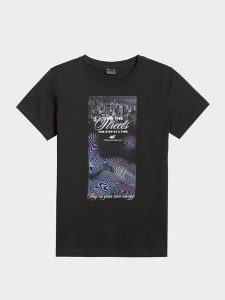 4F T-shirt regular z nadrukiem damski - czarny L. Czarne t-shirty 4f, l, bez wzorów, z bawełny, bez kołnierzyka, bez ramiączek. Za 69,99 zł.