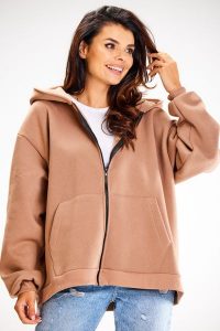 Rozpinana Bluza Oversize z Kapturem - Beżowa. Brązowe bluzy Awama, uniwersalny, bez wzorów, z bawełny, z kapturem. Za 229,90 zł.