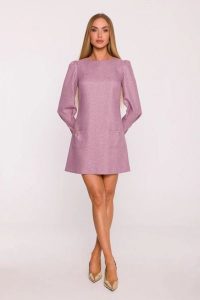 Elegancka sukienka tweedowa trapezowa mini różowa. Czerwone sukienki MOE, do pracy, xl, bez wzorów, z dzianiny, biznesowe, bez kołnierzyka, bez ramiączek, mini, dopasowane. Za 319,00 zł.