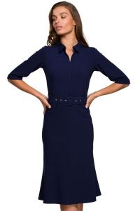 Elegancka sukienka koszulowa z kołnierzykiem i paskiem w talii granat. Sukienki Stylove, do pracy, m, bez wzorów, biznesowe, bez kołnierzyka, bez ramiączek, koszulowe. Za 329,00 zł.