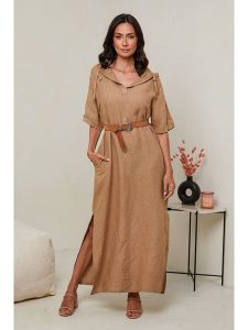 Le Monde du Lin Lniana sukienka w kolorze karmelowym rozmiar: 34/36. Brązowe sukienki Le Monde du Lin, bez wzorów, ze lnu, klasyczne, bez kołnierzyka, bez ramiączek, maxi. Za 152,99 zł.