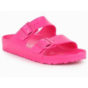 Klapki damskie Birkenstock Arizona Eva. Czerwone klapki Birkenstock, bez wzorów, z materiału, bez obcasa. Za 366,00 zł.
