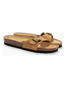 Sunbay Skórzane klapki "Jasmin" w kolorze karmelowym rozmiar: 37. Brązowe klapki Sunbay, bez wzorów, z otwartym noskiem, bez obcasa. Za 139,95 zł.