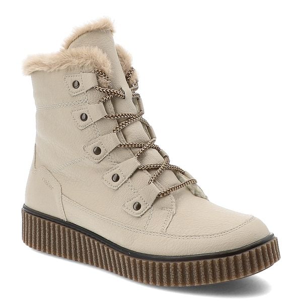 Beżowe Botki Rieker Ocieplane Obuwie Damskie. Brązowe botki Rieker, bez wzorów, z materiału, bez obcasa, bez zapięcia. Za 365,99 zł.