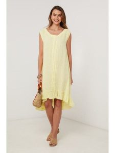Lin Passion Lniana sukienka w kolorze żółtym rozmiar: 40/42. Żółte sukienki Lin Passion, bez wzorów, ze lnu, klasyczne, bez kołnierzyka, bez ramiączek, midi. Za 152,99 zł.