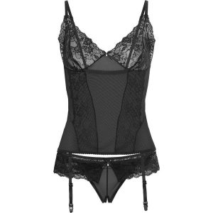 Top z paskami do pończoch + stringi "ouvert" (2 części) bonprix czarny. Komplety bielizny marki bonprix. Za 74,99 zł.