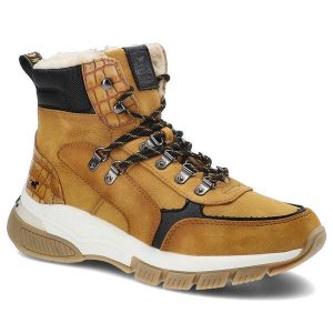 Botki damskie Mustang, skóra ekologiczna sznurowanie z metalowymi przelotkami miękkie ocieplenie wewnątrz i masywna miekkia podeszwa, żółte, 49C0052. Żółte botki Mustang, bez wzorów, z futra, bez obcasa, na platformie, bez zapięcia. Za 329,00 zł.