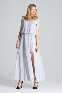 Szara Warstwowa Maxi Sukienka Wiązana na Ramionach. Szare sukienki Figl, l, bez wzorów, z elastanu, wizytowe, bez kołnierzyka, bez ramiączek, maxi. Za 369,00 zł.