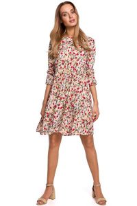 Letnia Sukienka w Drobne Kwiatki - Model 5. Brązowe sukienki MOE, na lato, l, bez wzorów, z materiału, wizytowe, bez kołnierzyka, bez ramiączek. Za 239,90 zł.