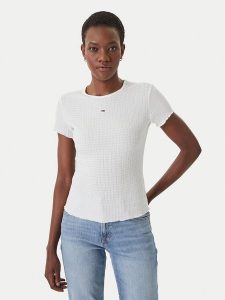 Tommy Jeans T-Shirt Smock Seersucker DW0DW22219 Biały Slim Fit. Białe t-shirty Tommy Jeans, xl, bez wzorów, z jeansu, bez kołnierzyka, bez ramiączek. Za 169,99 zł.